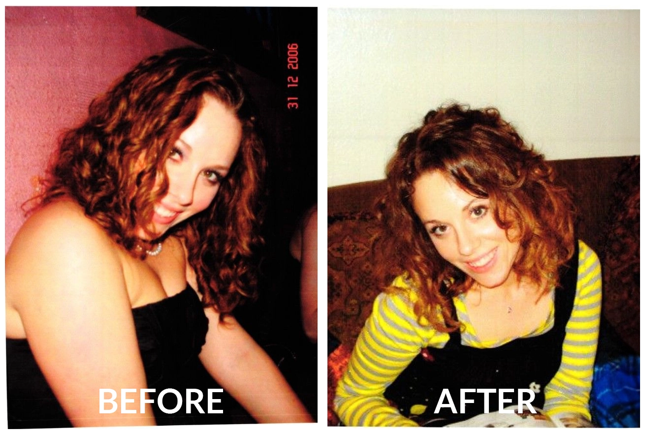 A before and after picture of a woman with curly hair.