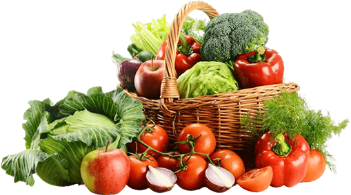 A basket of vegetables and fruits on top of the table.