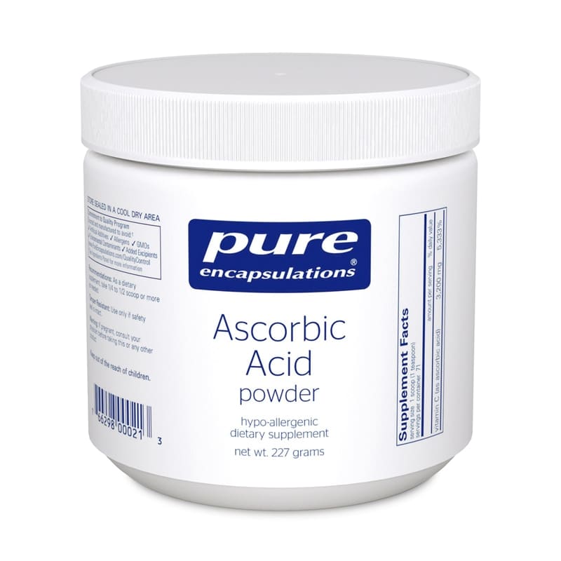 A white container of ascorbic acid powder.