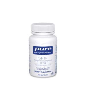 A bottle of pure 5 htp supplement.