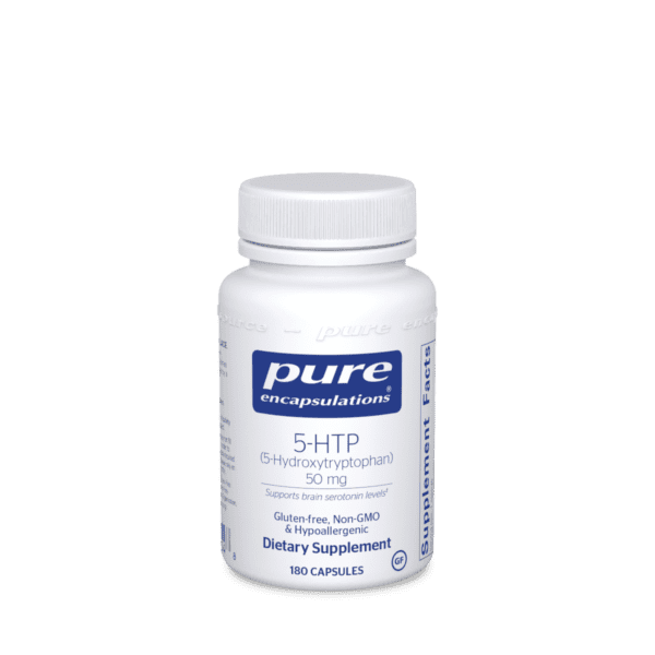 A bottle of pure 5 htp supplement.