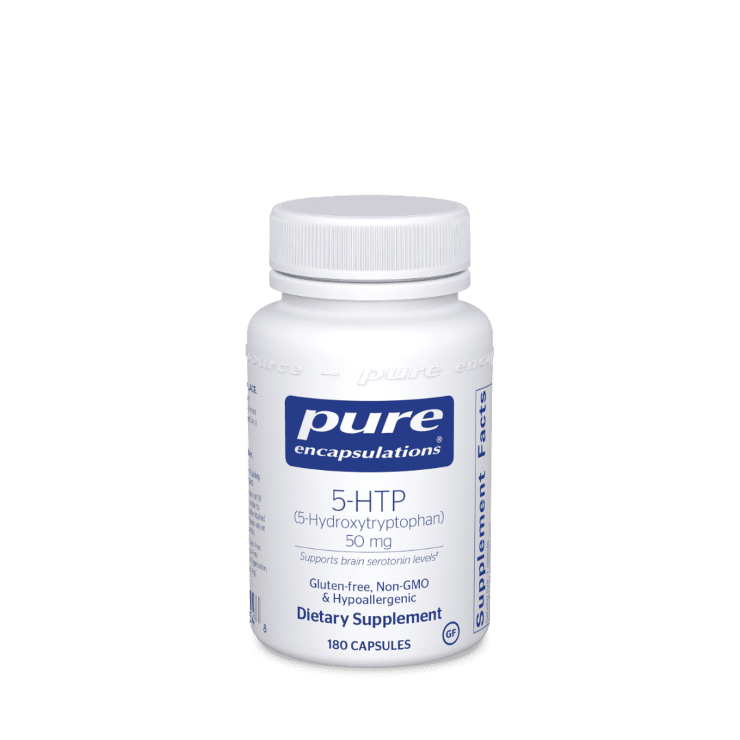 A bottle of pure 5 htp supplement.