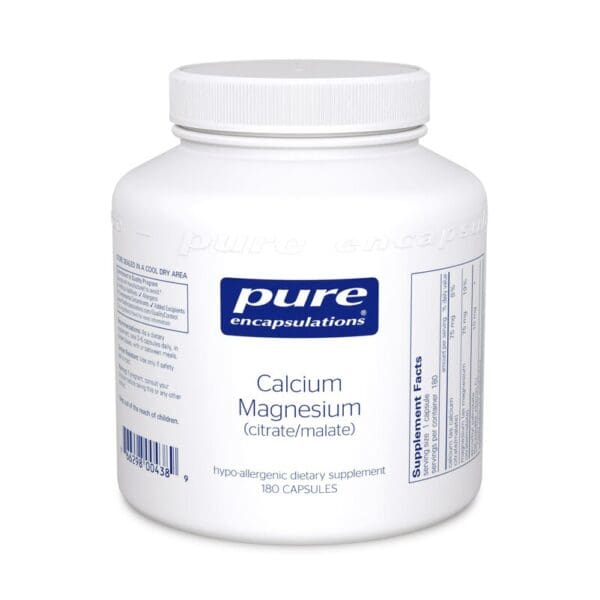 A white container of calcium magnesium is shown.