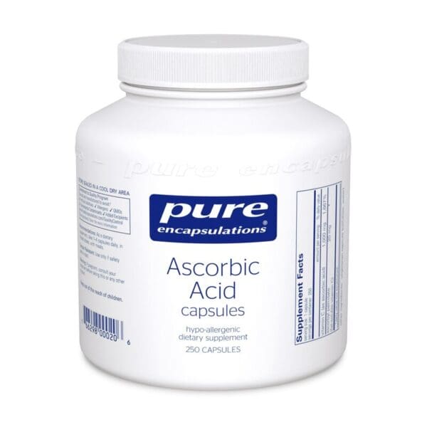 A bottle of ascorbic acid capsules.