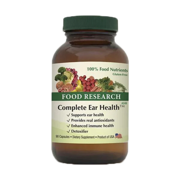 A bottle of food research complete ear health.