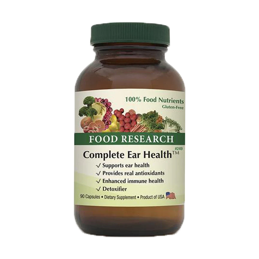 A bottle of food research complete ear health.