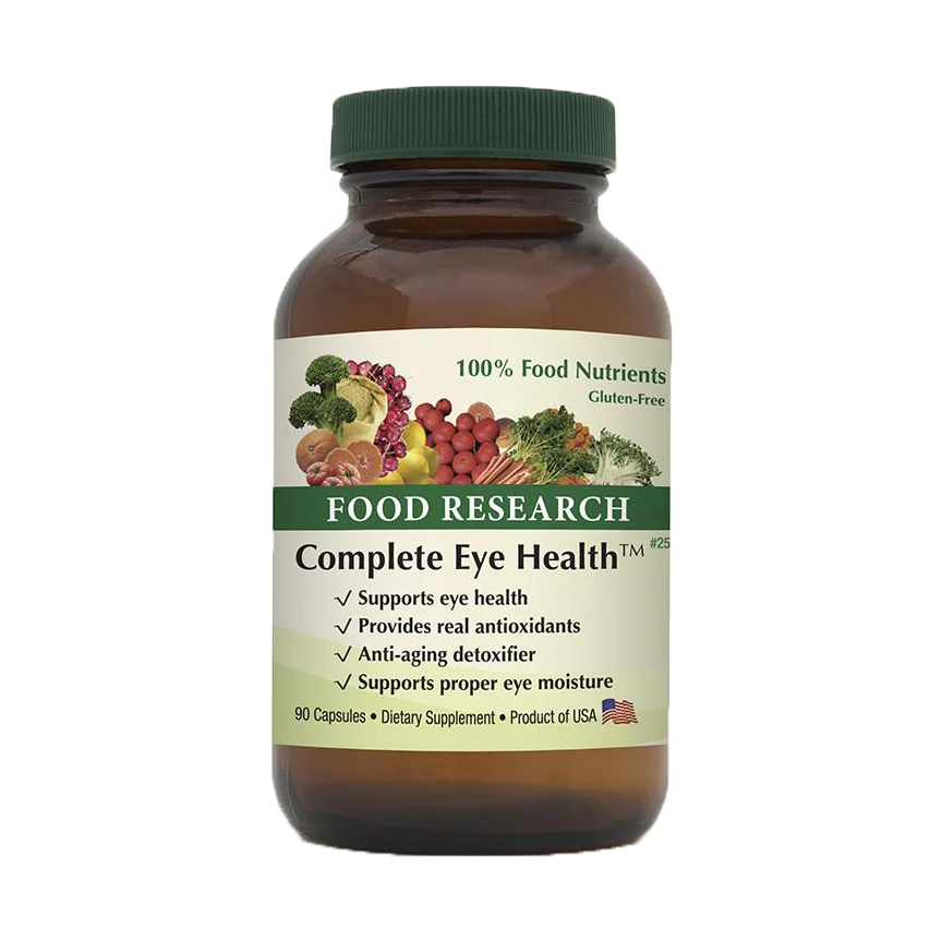 A bottle of food research complete eye health.