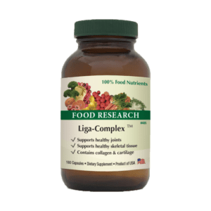 A bottle of food supplement with green background.