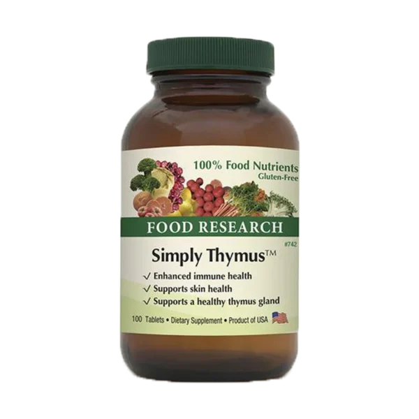 A bottle of food supplement simply thymus