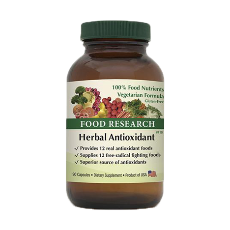 A bottle of food research herbal antioxidant supplement.